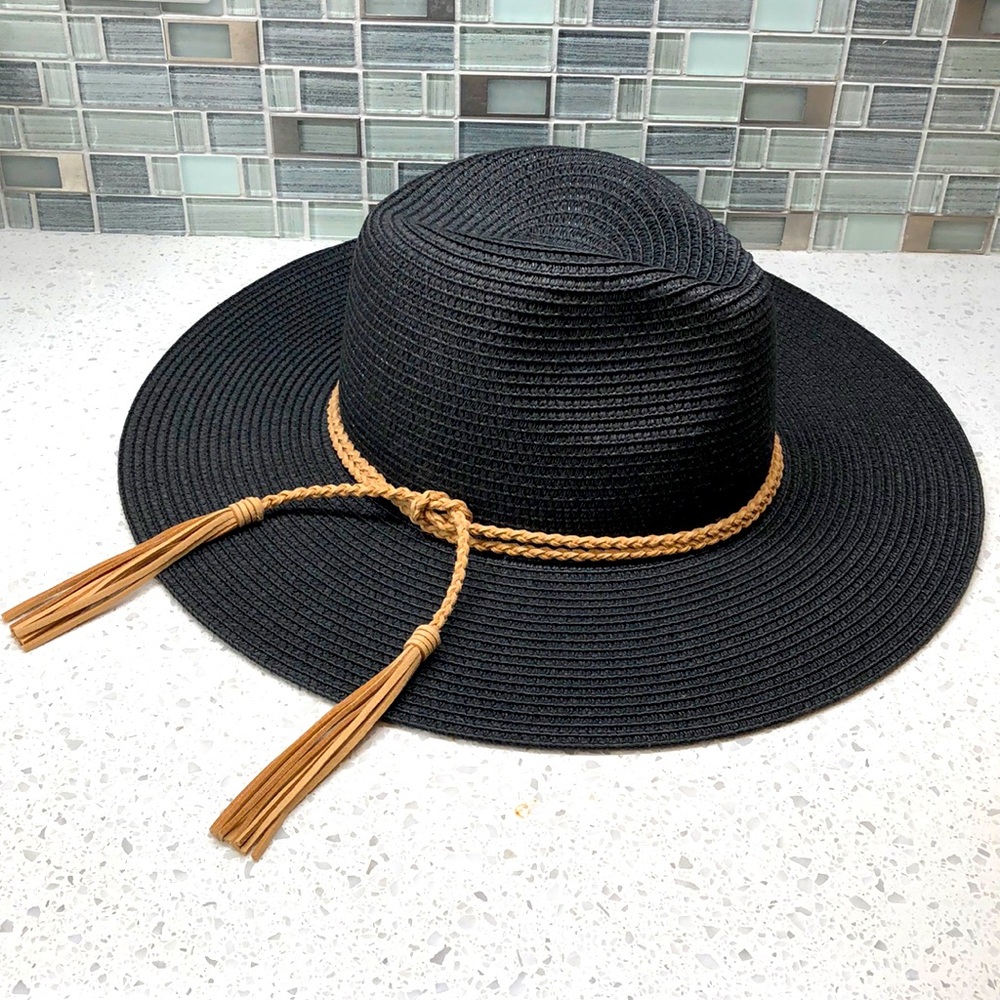Mud Pie Black Hat with Faux Leather Tassel Trim